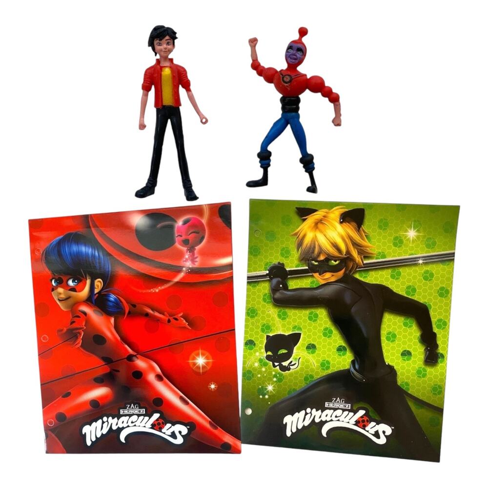 Miraculous Ladybug Action Figures + Folders Hawk Moth, Adrien, Cat Noir, Ladybug